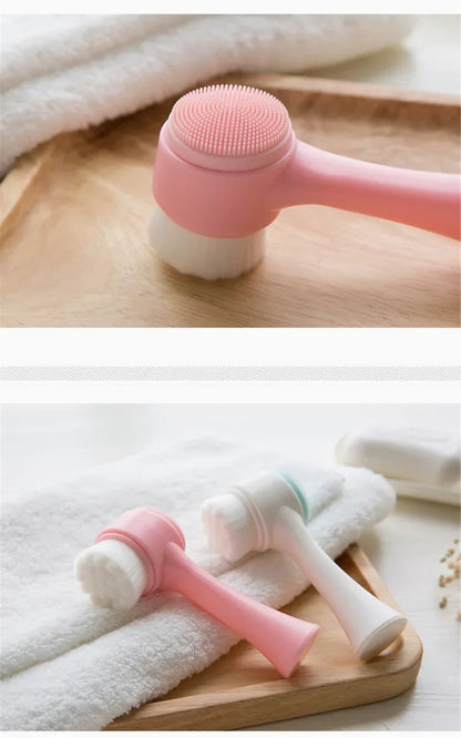 3D Double-Sided Silicone Facial Cleansing Brush – Soft Bristles Manual Massage Exfoliator for Deep Face Wash