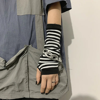 Stay Warm in Style: Winter Fingerless Striped Long Sleeve Gloves - Hip-Hop Knitted Design for Men and Women, Elastic Outdoor Arm Warmers