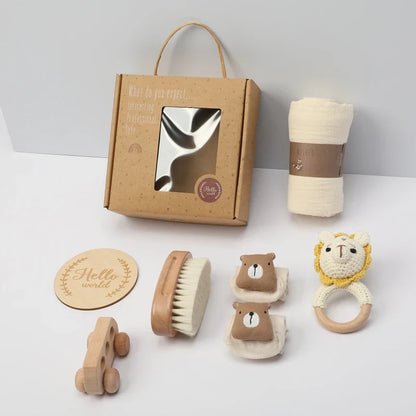 Newborn Baby Bath Gift Set - Cotton Blanket, Saliva Towel, Rattle Toy & Soft Brush Kit
