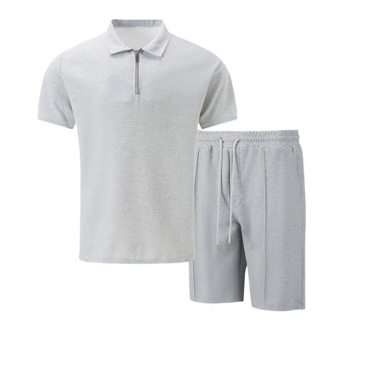 2025 Men's Summer Waffle Knit Short Set – Solid Color Zip-Up Lapel Shirt & Shorts | European & US Style
