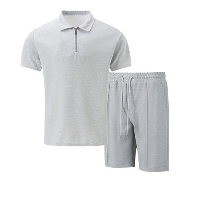2025 Men's Summer Waffle Knit Short Set – Solid Color Zip-Up Lapel Shirt & Shorts | European & US Style