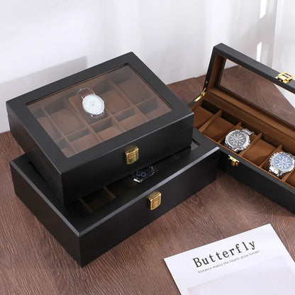 Handmade Wood Watch Box — 6/10/12 Grid Display Case & Jewelry Holder, Organizer for Watches Storage