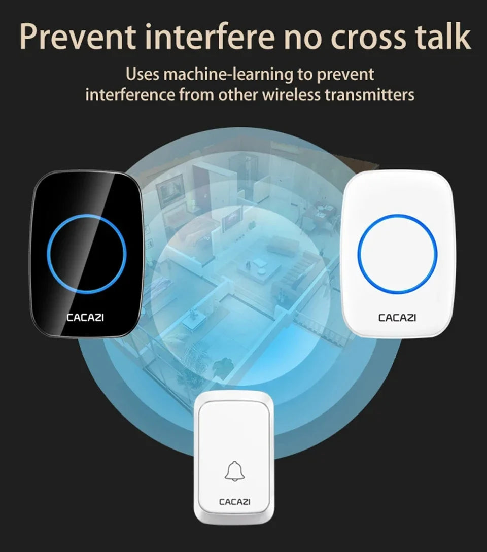 CACAZI A06 DC Battery-Operated Wireless Waterproof Doorbell – 300M Remote, 36 Chimes, Cordless Home Call Bell