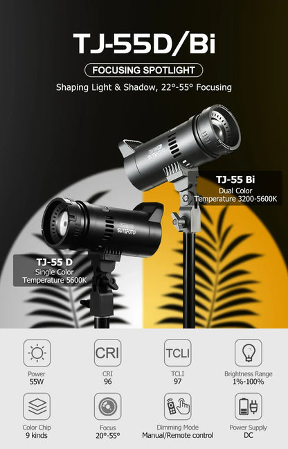 Sutefoto TJ55 Bi-Color LED Video Light - 55W COB Photographic Light, 3200K-5600K, Portable Fill Light for Video & Live Streaming