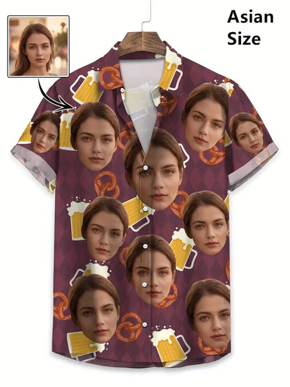 Men’s Custom Face Print Hawaiian Shirt - 3D Beer Design Vintage Y2K Short Sleeve Beach Top