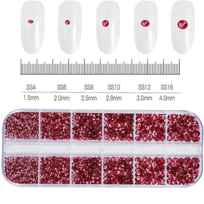 12-Grid 3D Glass AB Crystal Nail Art Rhinestones Kit – Flatback Round Beads with Tools for Nail Jewelry & Diamond Decoration