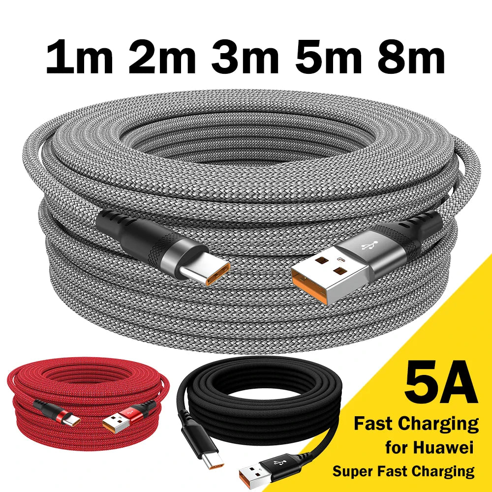 USB Type-C Cable 5A Super Fast Charge - 3m, 5m, and 8m Extension Cables for Huawei, Samsung, Xiaomi, Oppo, OnePlus, and Universal Use