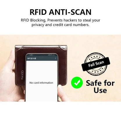 Men’s Genuine Leather RFID Blocking Trifold Wallet – Business Short Wallet with ID Window & Credit Card Holder Slim Men’s Purse Wallet