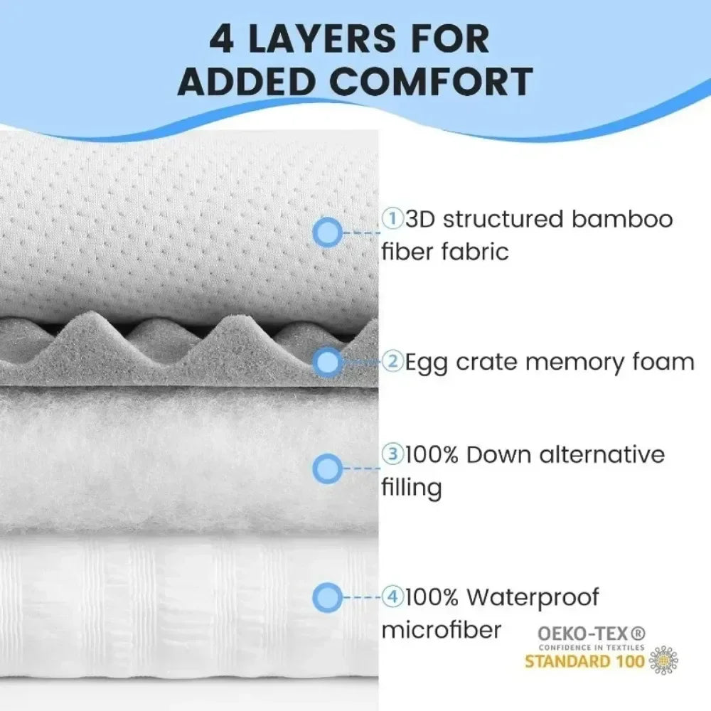 Reversible Queen Memory Foam Mattress Pad - Bamboo Viscose Egg Crate Topper, Noiseless Waterproof
