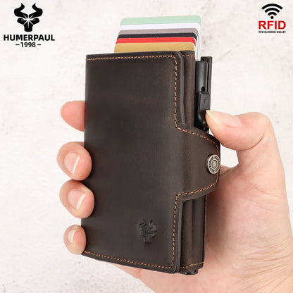 HUMERPAUL Men’s Pop-Up Card Holder – Crazy Horse Leather RFID Blocking Slim Wallet with Money Pocket & Metal Bank Card Case