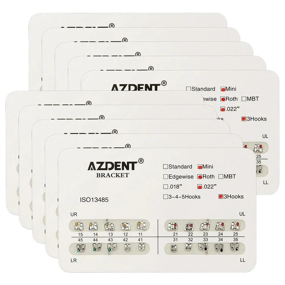 AZDENT 10 Packs Dental Brackets – Orthodontic Metal Mini Standard Roth MBT Slot 0.022/0.018 with Hooks, 20 Pcs per Pack