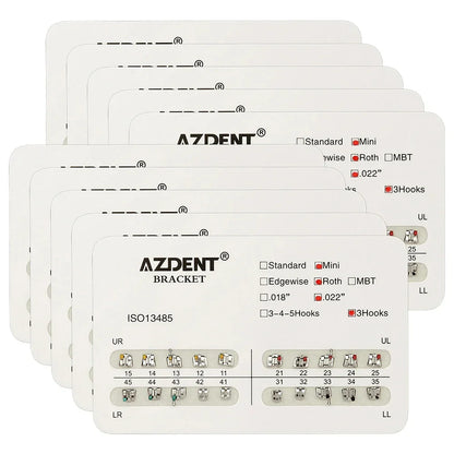 AZDENT 10 Packs Dental Brackets – Orthodontic Metal Mini Standard Roth MBT Slot 0.022/0.018 with Hooks, 20 Pcs per Pack