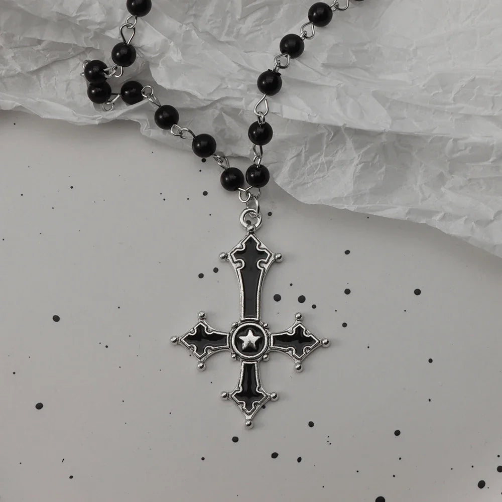 Gothic Bat Cross Necklace Set - Y2K Thorn Love Black Beaded Layered Jewelry for Halloween Parties