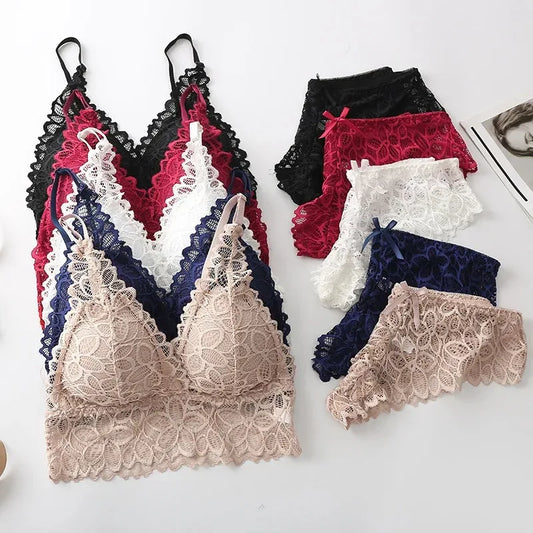 Sexy Lace Lingerie Set – Seamless Wire-Free Bra & Panty with Embroidery Hollow-Out Design