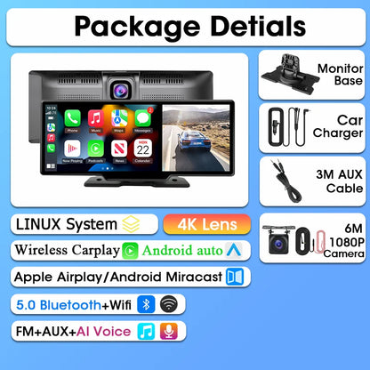 Srnubi 10.26 Inch Dash Cam Rearview Mirror - CarPlay & Android Auto DVR with GPS Navigation, Video Dashboard Monitor