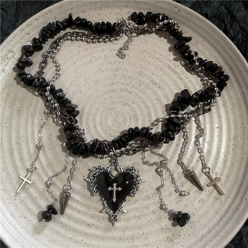 Goth Y2K Heart Cross Choker Necklace - Dark Red Stone Bead Punk Grunge Jewelry for Women Halloween Style