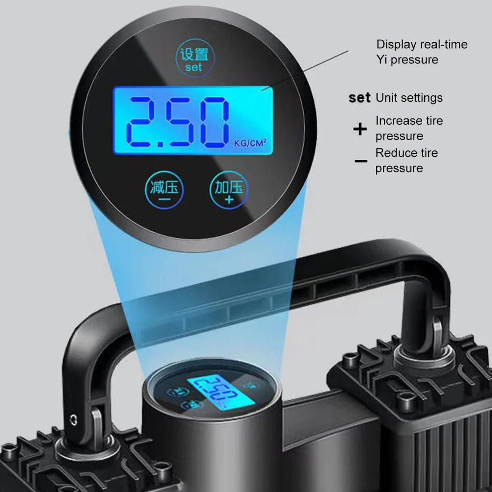 12V 150PSI Mini Air Compressor – Dual Cylinder Heavy Duty Tire Inflator with LED Light, Car Electric Pump