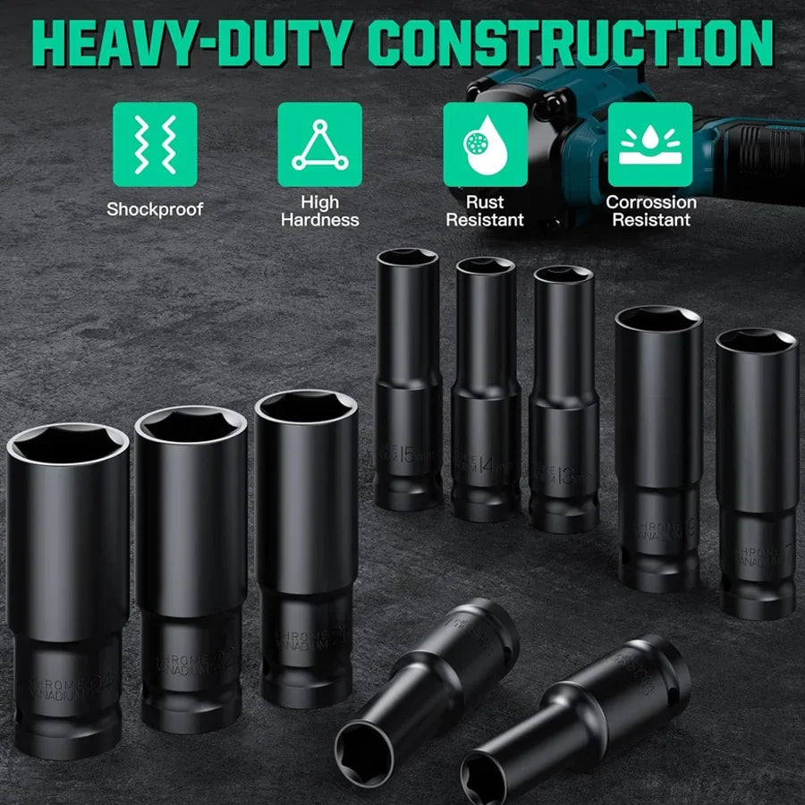 1/2 Inch Drive Impact Socket Set - 10/20PCS 6-Point Metric Carbon Steel Sockets 8-32mm with Storage Case