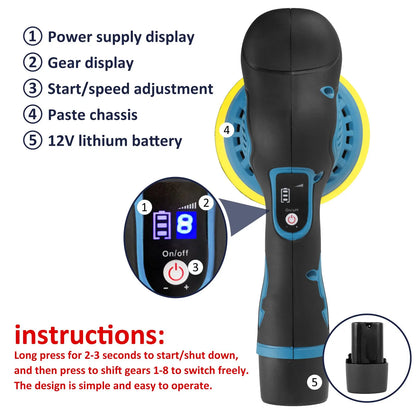 12V Cordless Car Polishing Machine - 8 Gears, 380W Automotive Electric Polisher - Wireless Sander for Waxing and Repairing