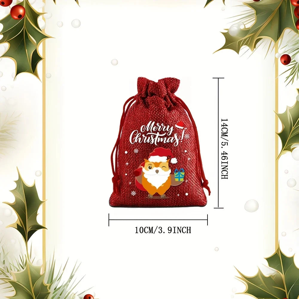12PCS Christmas Drawstring Gift Bags – Linen Fabric Bags for Advent Calendar, Cookies & Candy Pouches
