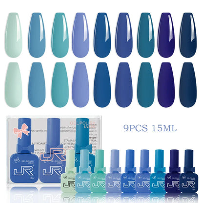 JR 9pcs Gel Nail Polish Set 15ml – Red, Pink, Nude UV LED Soak-Off Kit with Top & Base Coat for DIY Manicure & Gifts