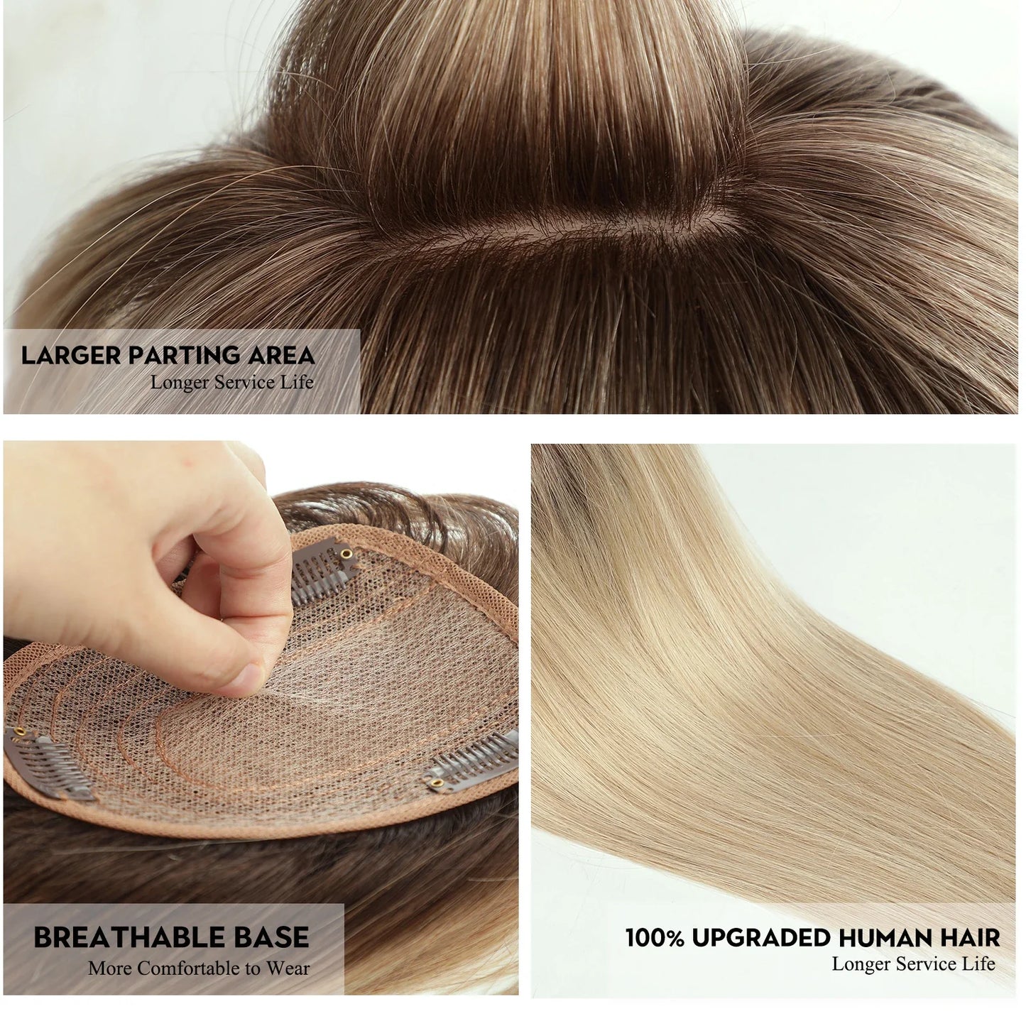 Brown Blonde Ombre Human Hair Toppers for Women – 10/12/14 Inches with Silk Base, Clips, and Bangs