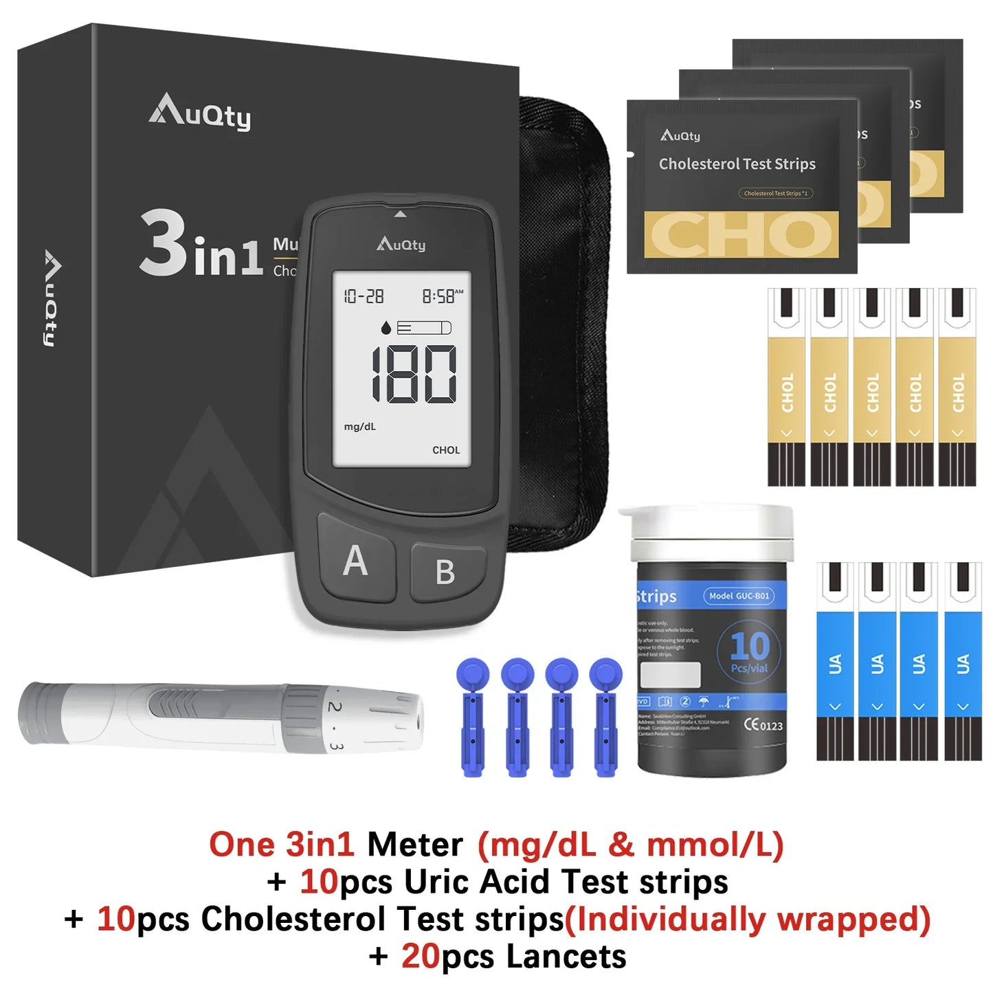 3-in-1 Multifunction Cholesterol, Uric Acid, and Blood Glucose Meter – Diabetes, Gout, and Blood Sugar Monitor with Test Strips