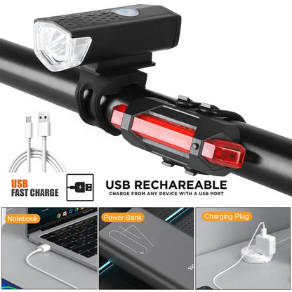 USB Rechargeable Bike Light Set: Front Light with Taillight - Easy Installation, 3 Modes Bicycle Accessories