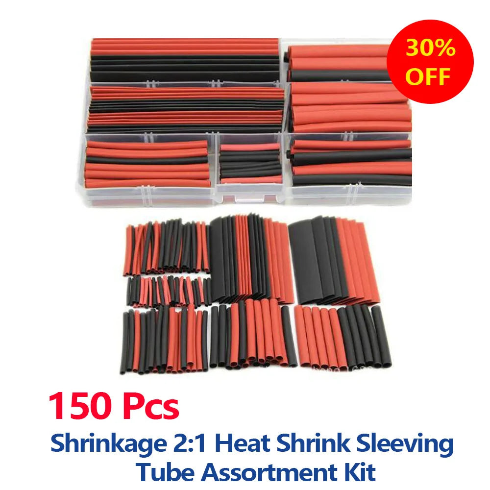 150pcs Heat Shrink Tube Kit – 2:1 Polyolefin Insulation Sleeving for Wire & Cable, Red/Black with Storage Box