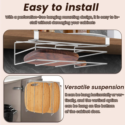 Under Cabinet Cutting Board Organizer – Stainless Steel Hanging Rack for Chopping Boards & Pot Lids