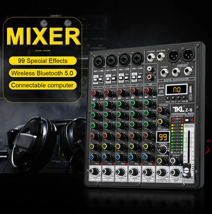 TKLBLS Professional 6 Channel Audio Mixer – 99 DSP Effects, 48V Phantom Power, USB, Bluetooth DJ Console for Studio & Karaoke