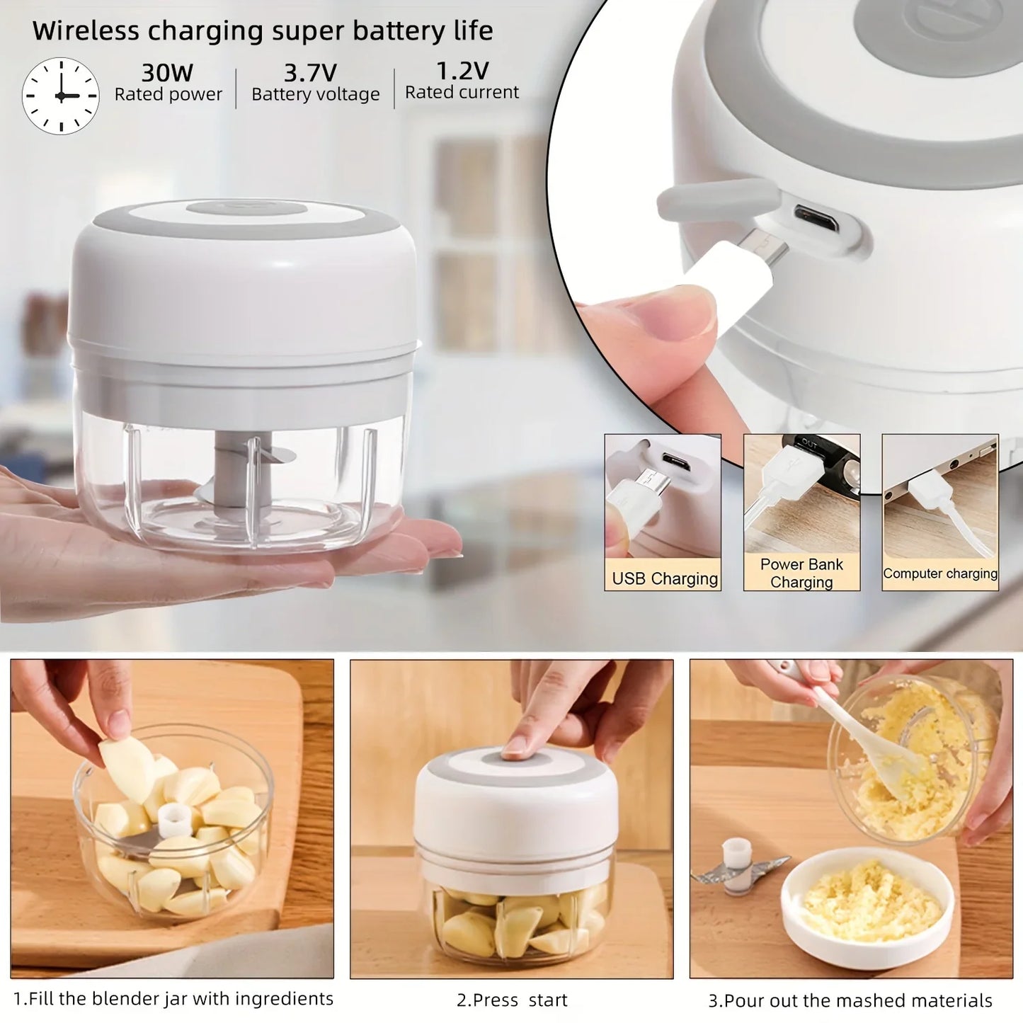 Mini Electric Kitchen Food Chopper: USB Portable Garlic Masher, Meat Grinder, Vegetable Chopper - Essential Kitchen Gadget