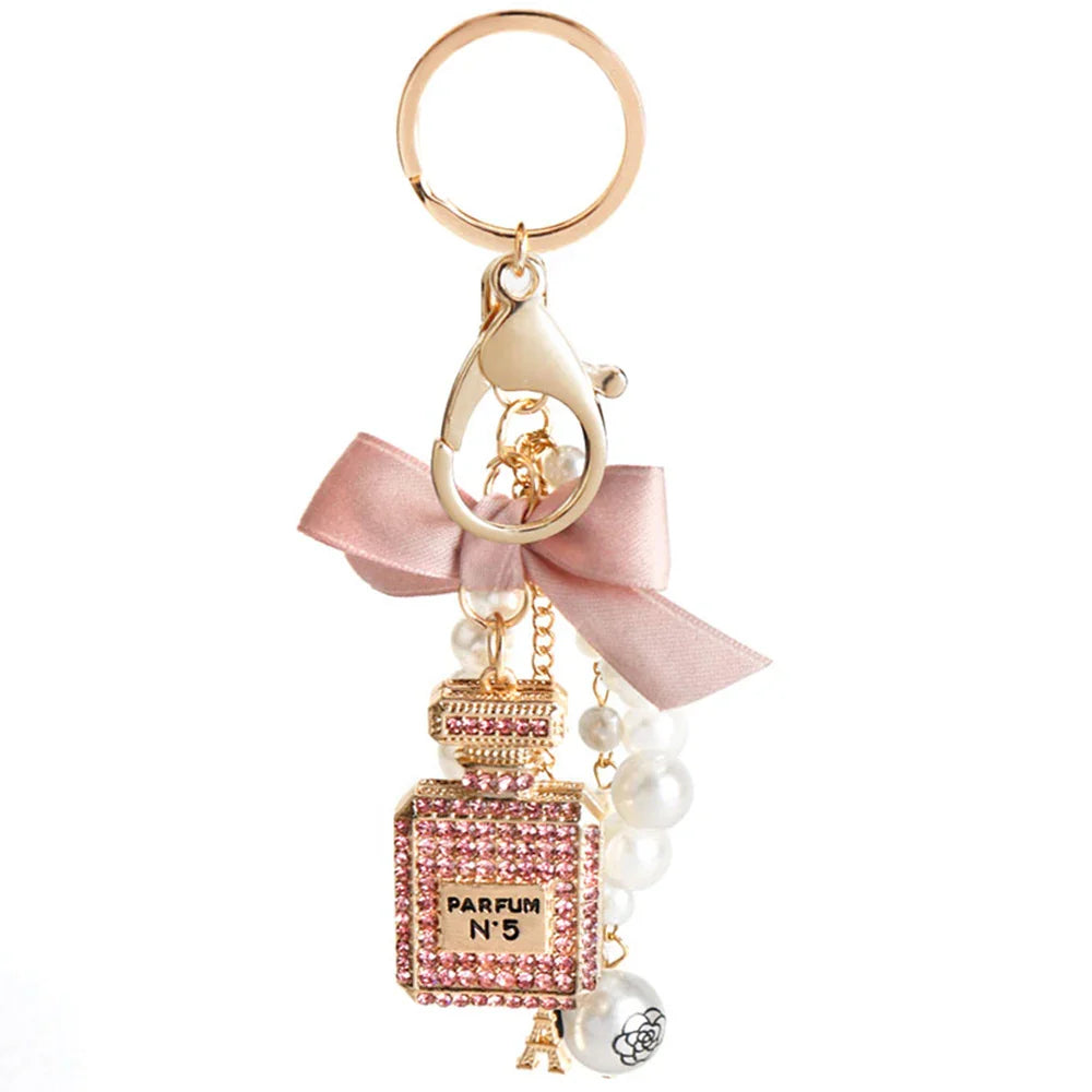 Fashion Pearl Perfume Bottle Keychain — Cute Bow Car & Bag Charm for Women, Creative Key Ring Accessory
