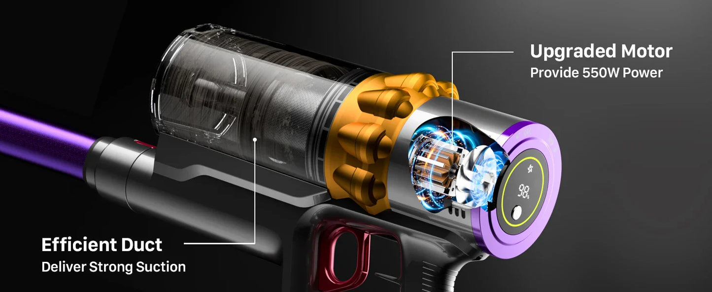 550W Cordless Vacuum Cleaner - 45KPa Suction, 65 Min Runtime, Low Noise, LED Screen, Wall Mount Charging for Home