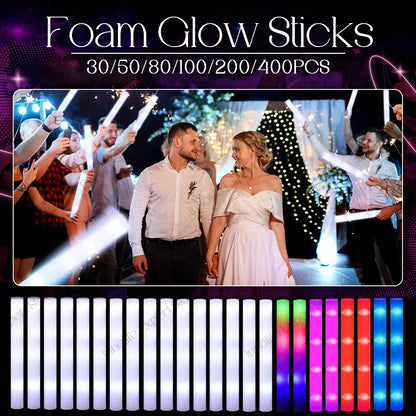 400-30PCS LED Foam Glow Sticks – 3 Modes Party Supplies for Weddings, Birthdays, Concerts, Halloween & Christmas