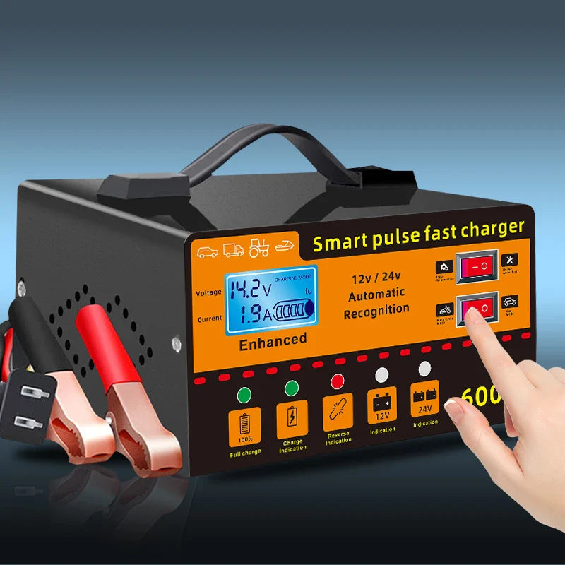 12V/24V Intelligent Car Battery Charger – Automatic Pulse Repair with LCD Display, Voltage & Temperature Detection, High Power Maintenance System