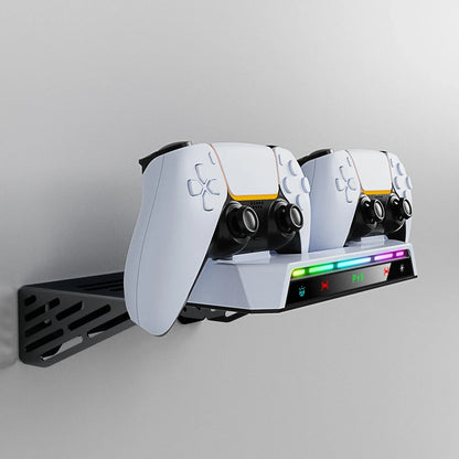 PS5/PS5 Pro/Slim Wall Mount Kit – RGB Light Stand with Charging Station & Headset Hanger for Dual Controllers