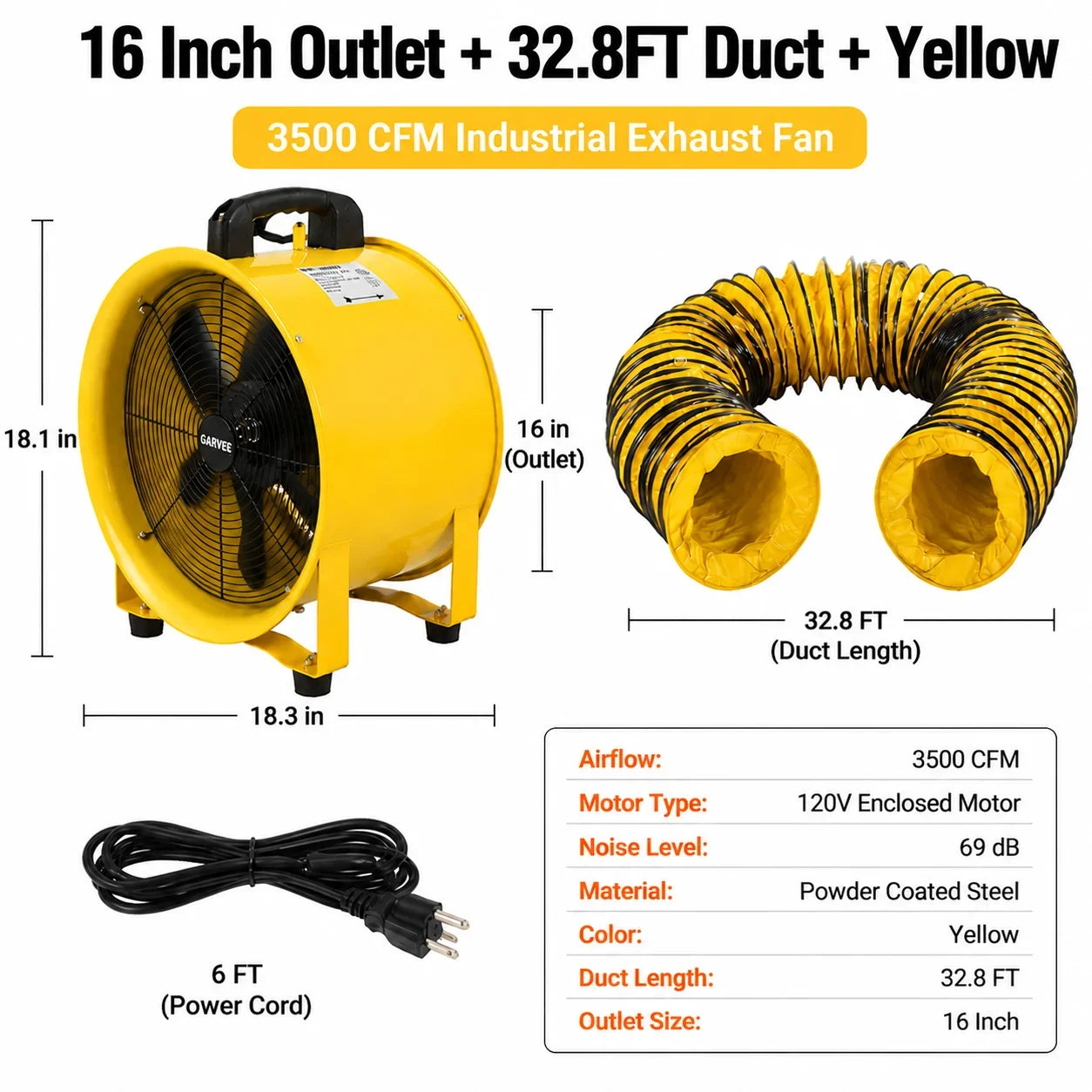 Portable Industrial Exhaust Fan - 3500 CFM Heavy-Duty Ventilation Blower with Flexible Duct for Workshop, Basement & Attic