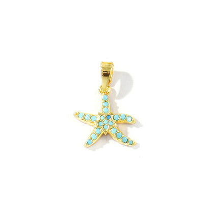 Blue Cubic Zirconia Ocean Charm Pendant Set – 18K Gold Plated Starfish, Mermaid & Conch DIY Necklace Jewelry