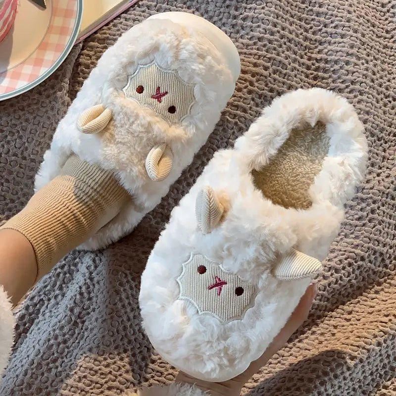Unisex Sheep Fluffy Slippers – Cute Plush Non-Slip Cartoon Slides for Men & Women Winter House Shoes