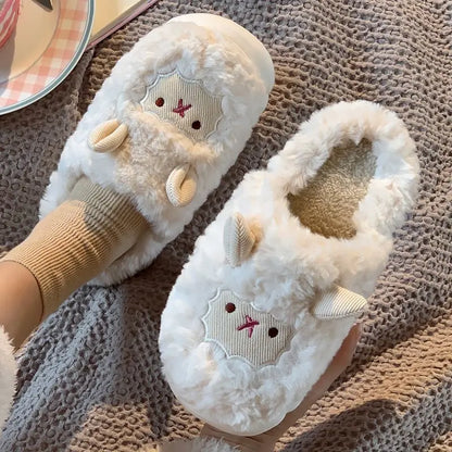 Unisex Sheep Fluffy Slippers – Cute Plush Non-Slip Cartoon Slides for Men & Women Winter House Shoes