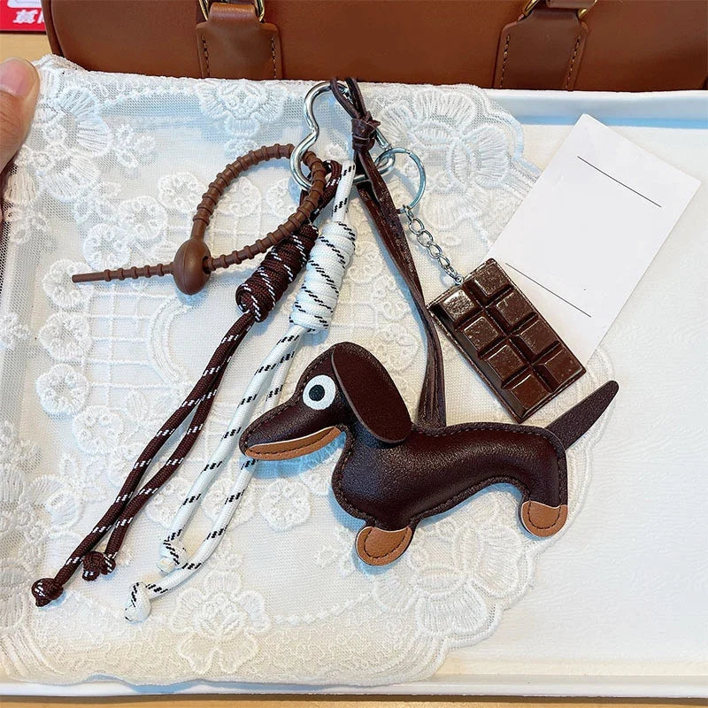 Leather Dachshund Bag Pendant - Creative Dog Keychain & Car Keyring Charm Gift