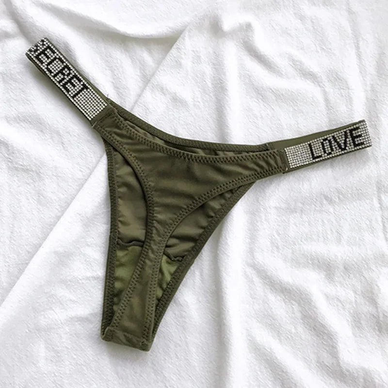 Women’s Sexy Rhinestone G-String Thong – Low Waist T-Back Sports Panties, Diamond Letter Design, Sizes S–XL