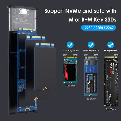 10Gbps M.2 NVMe SSD Enclosure — Solid-State Drive Adapter for 2230/2242/2260/2280 SSDs, Tool-Free Installation