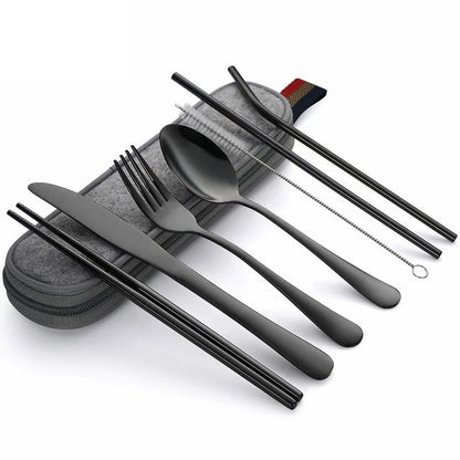 8-Piece Reusable Travel Cutlery Set — Stainless Steel Spoon, Fork, Chopsticks & Straw with Portable Case