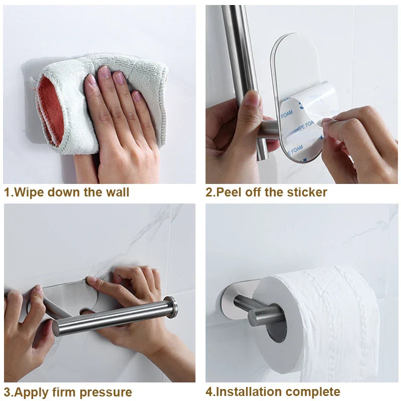 Stainless Steel Adhesive Paper Towel Holder: No-Hole Punch Kitchen & Bathroom Rack - Lengthened Storage for Toilet Roll & Towels