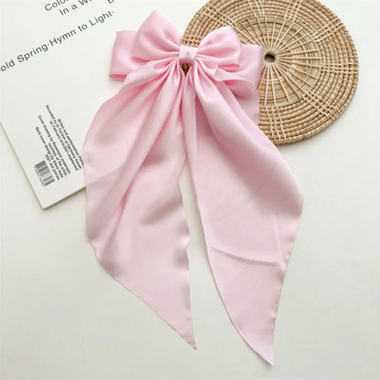 Ladies Satin Oversized Ribbon Bow Hair Clip – White, Pink, Red, Blue, Black, Long Tail Spring Clip for Ponytail Hair Accessories