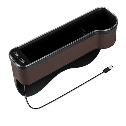 Car Crevice Storage Box with 2 USB Chargers & LED Light – Seat Gap Organizer for Phone, Cards, Bottles, and Cups