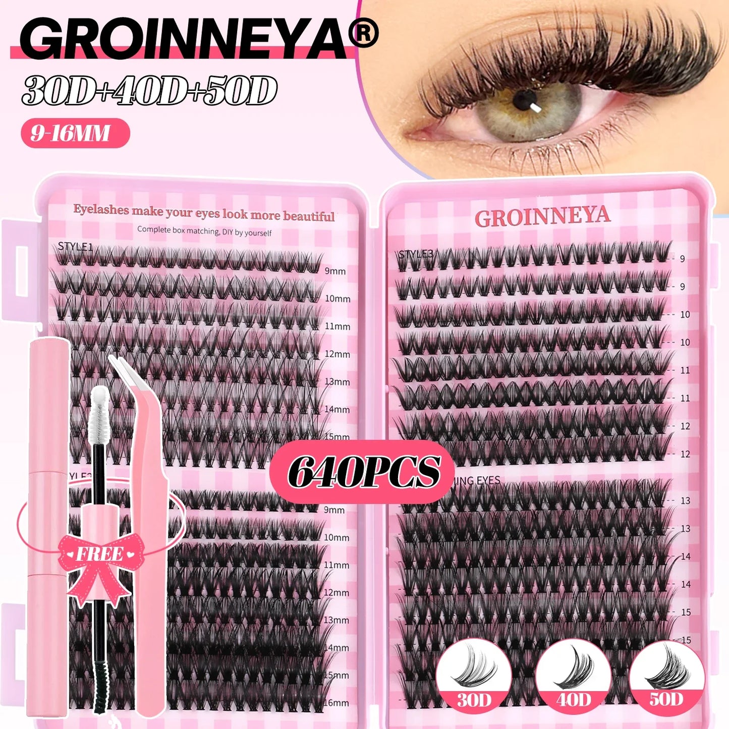 GROINNEYA DIY Mixed Lash Clusters Set – Fluffy Individual Lash Extensions Kit with Bond & Seal for At-Home Makeup