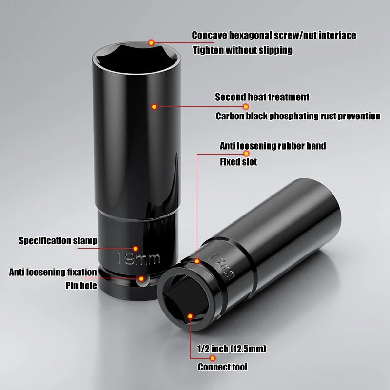1/2" Drive Deep Impact Socket – Metric Wrench Socket for Pneumatic Tools, Tire Removal & Heavy-Duty Automotive Use